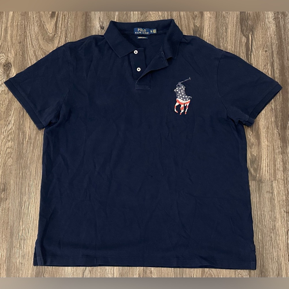 Men’s Polo Ralph Lauren Big Pony USA Flag Red/White/Blue Slim Fit Polo Shirt- XL